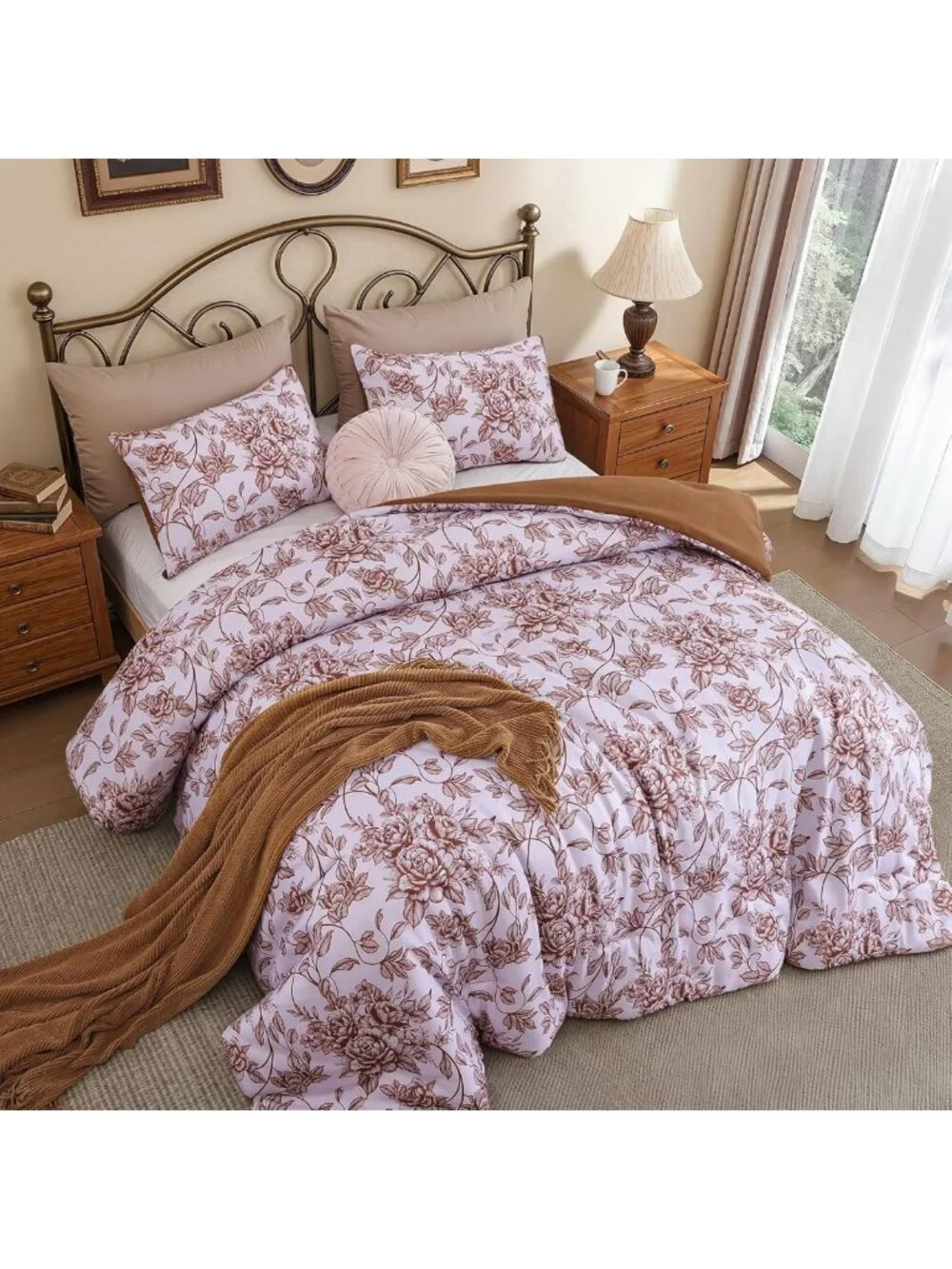 Terracotta Floral Queen Comforter Set - Shabby Chic Bedding for Cozy Home Decor